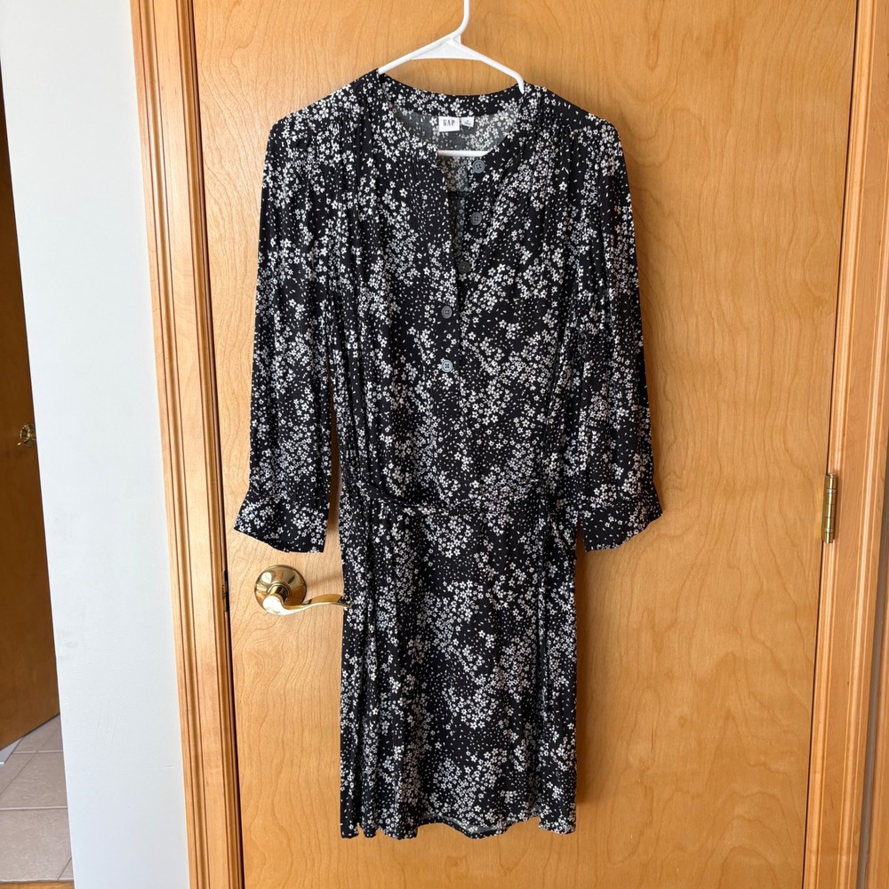 Gap Shirt Dress Womens Small Black Floral Bracelet Sleeve Button Front Belted